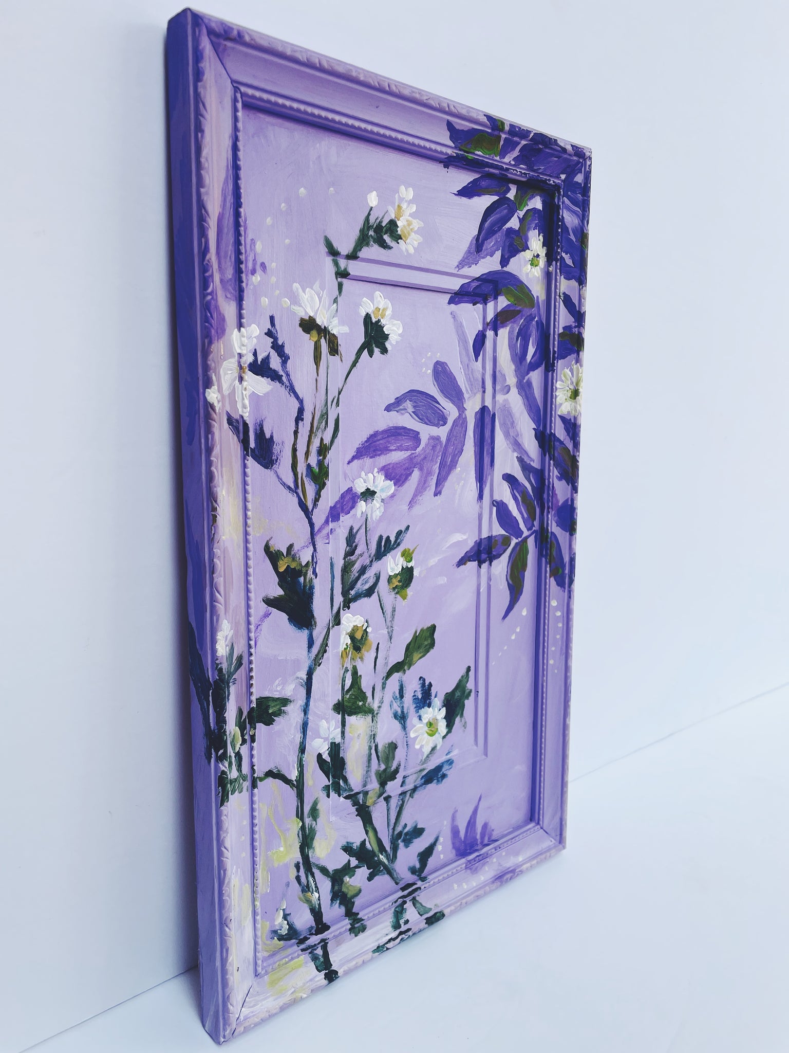 reclaimed frame, vintage frame, chamomile painting, acrylic floral painting, floral artist, secret garden, vintage painting, Michelle Schultz Studio