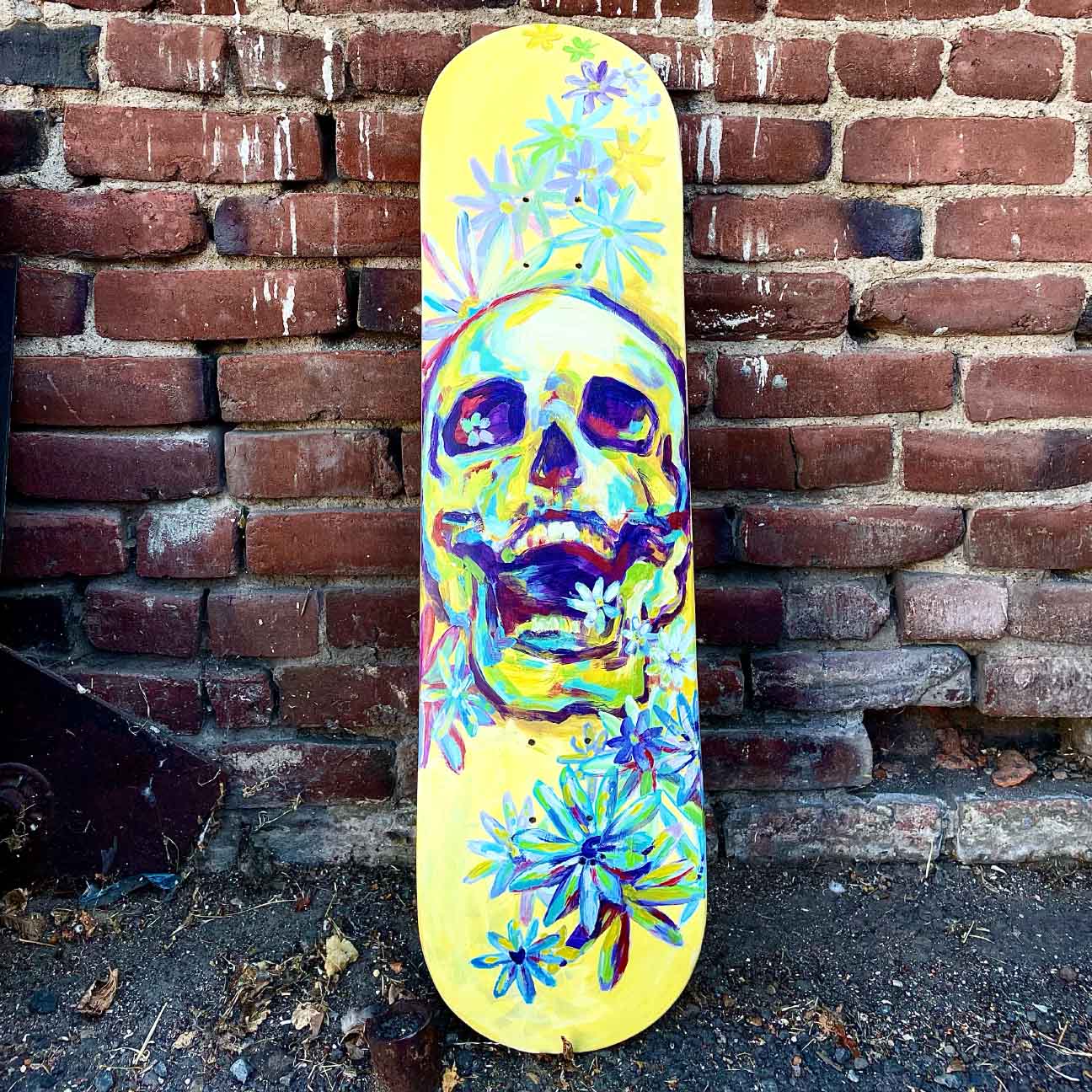 "Skull Flower" Acrylic on Skateboard